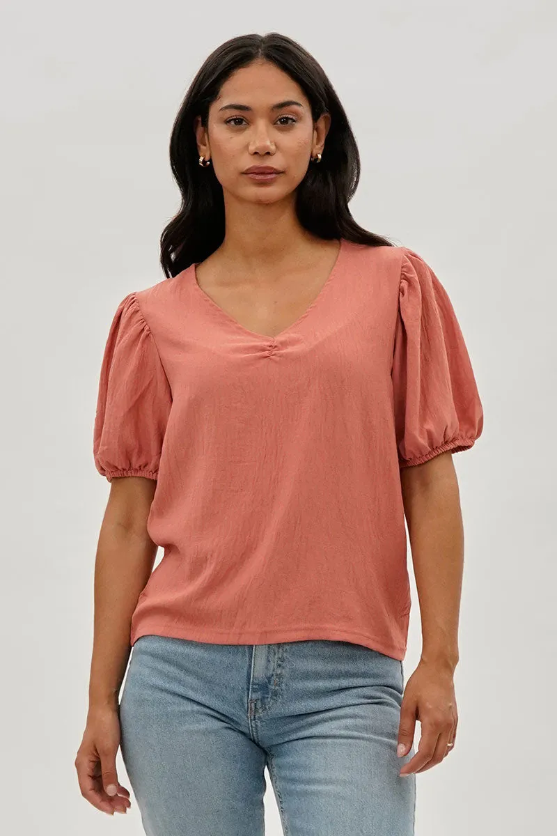 Stylexchange Vintage Puff Sleeve V-Neck Blouse - Coral sold by Fairweather