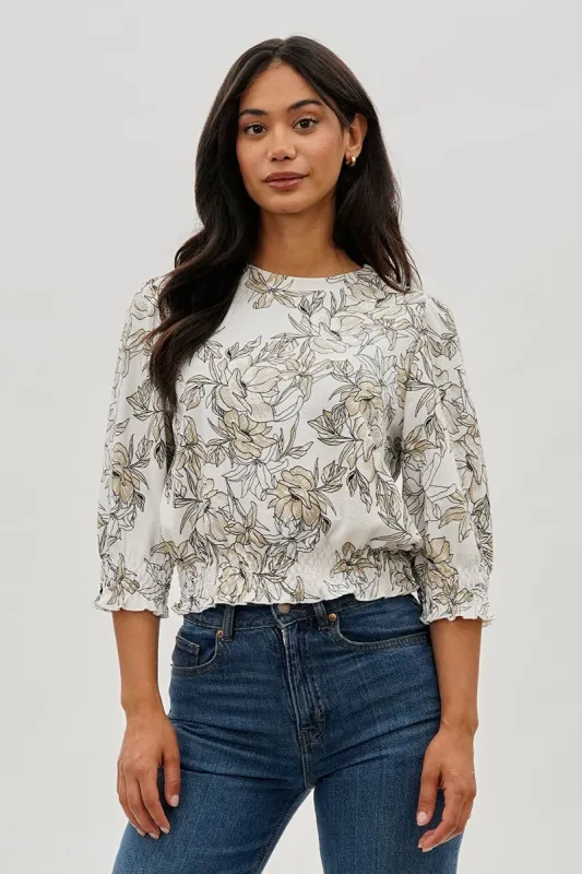 Runaway Bay Floral Smocked Hem Blouse - White sold by Fairweather