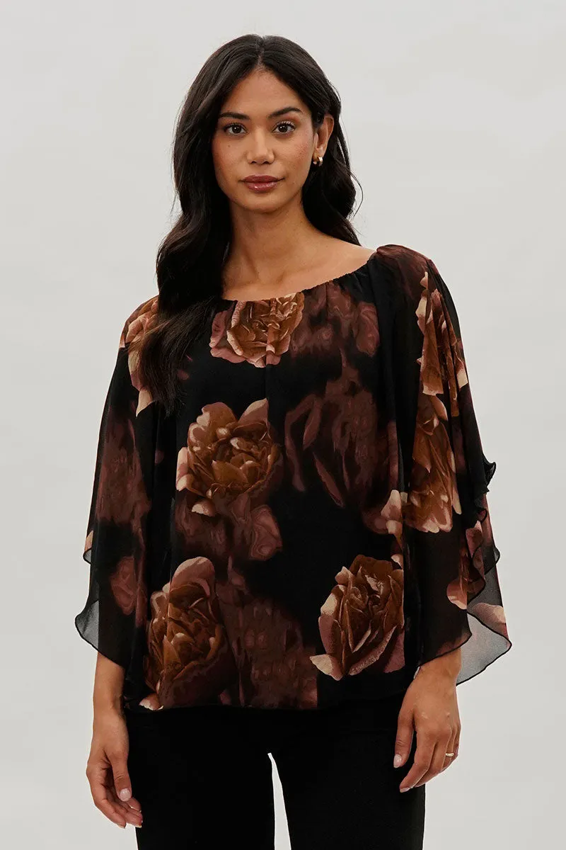 Costa Blanca Floral Chiffon Cape Blouse - Brown sold by Fairweather