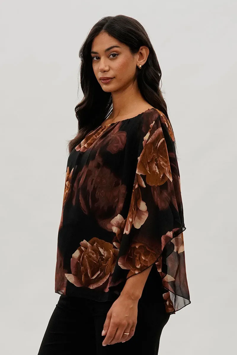Costa Blanca Floral Chiffon Cape Blouse - Brown sold by Fairweather product image thumbnail 2