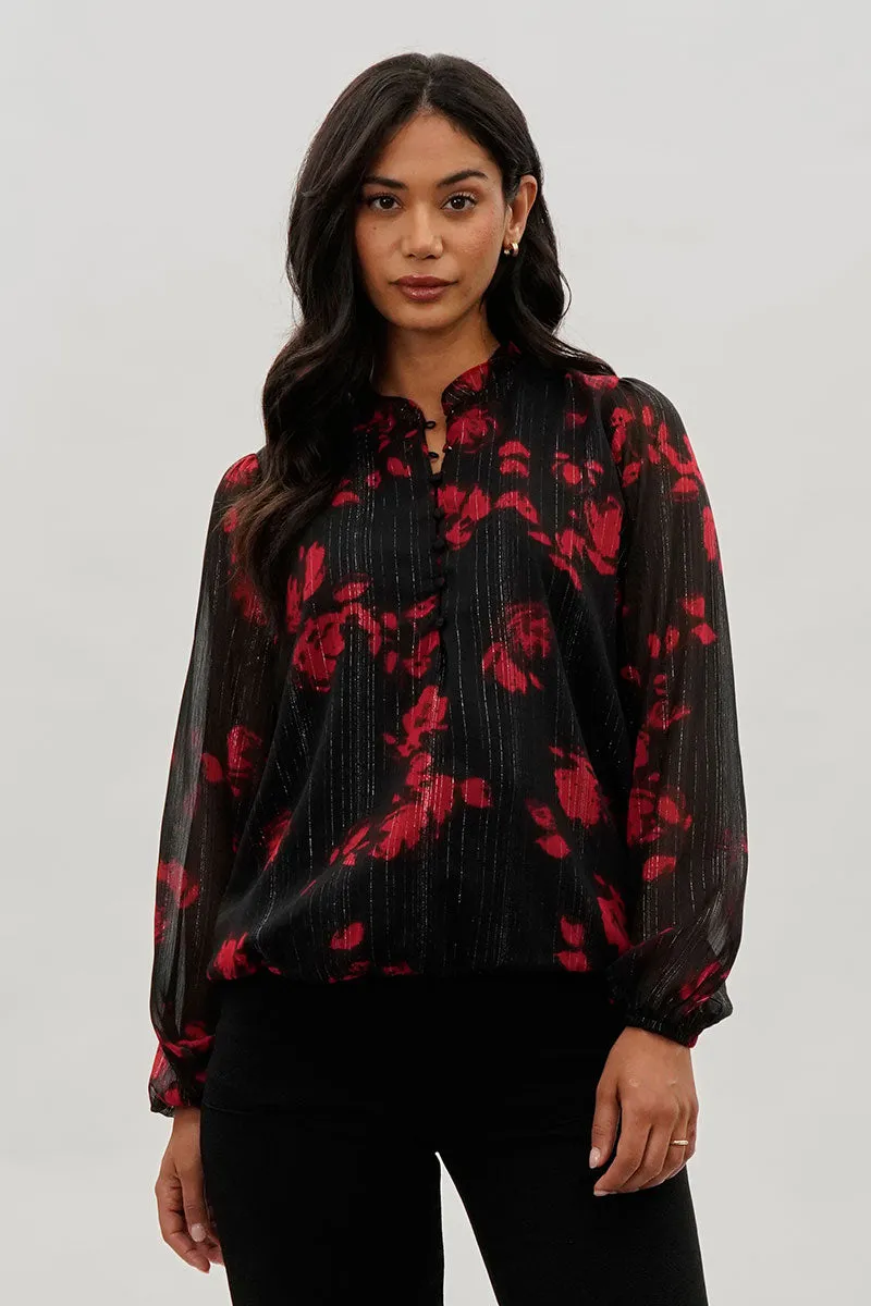Costa Blanca Floral Sheer Sleeve Blouse - Black sold by Fairweather