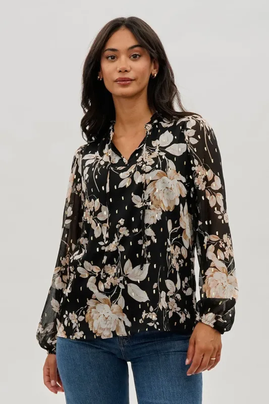 Beechers Brook Floral Tie-Neck Long Sleeve Blouse - Black sold by Fairweather