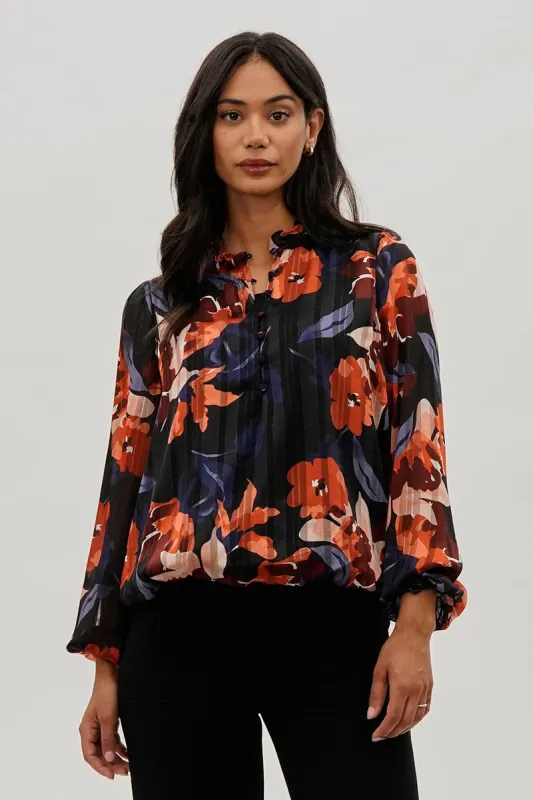 Costa Blanca Floral Sheer Sleeve Blouse - Navy sold by Fairweather