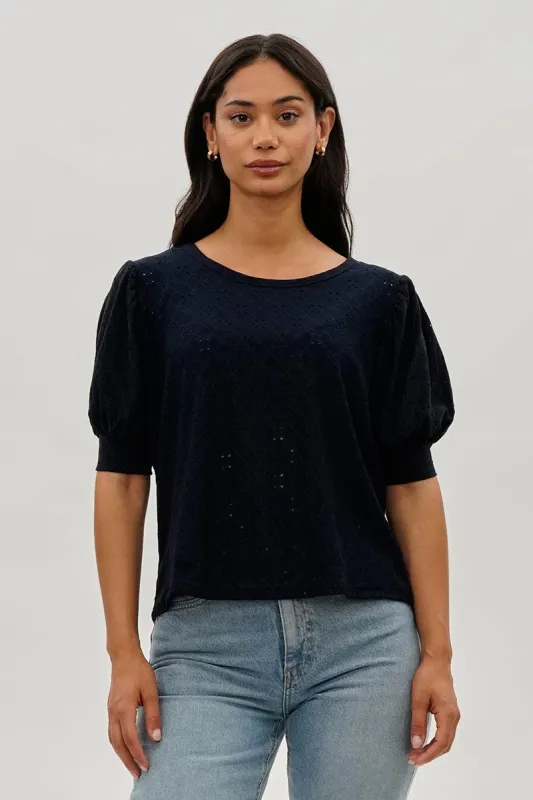 Beechers Brook Eyelet Detail Puff Sleeve Blouse - Navy sold by Fairweather