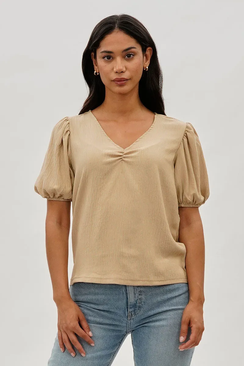 Stylexchange Vintage Puff Sleeve V-Neck Blouse - Beige sold by Fairweather