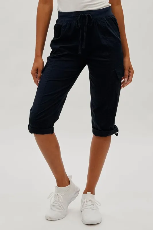 International INC Company Tie Waist Cargo Capris - Navy sold by Fairweather