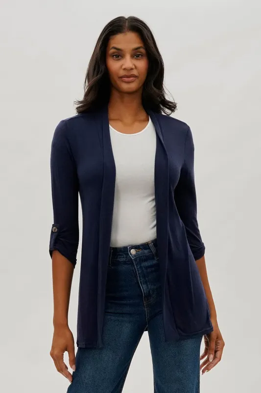 Fahrenheit Open Front Roll Up Sleeve Cardigan - Navy sold by Fairweather
