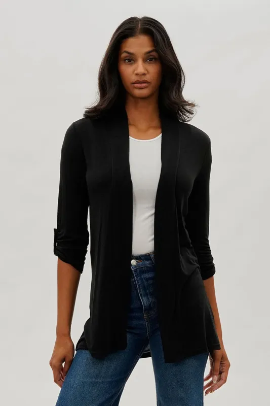 Fahrenheit Open Front Roll Up Sleeve Cardigan - Black sold by Fairweather