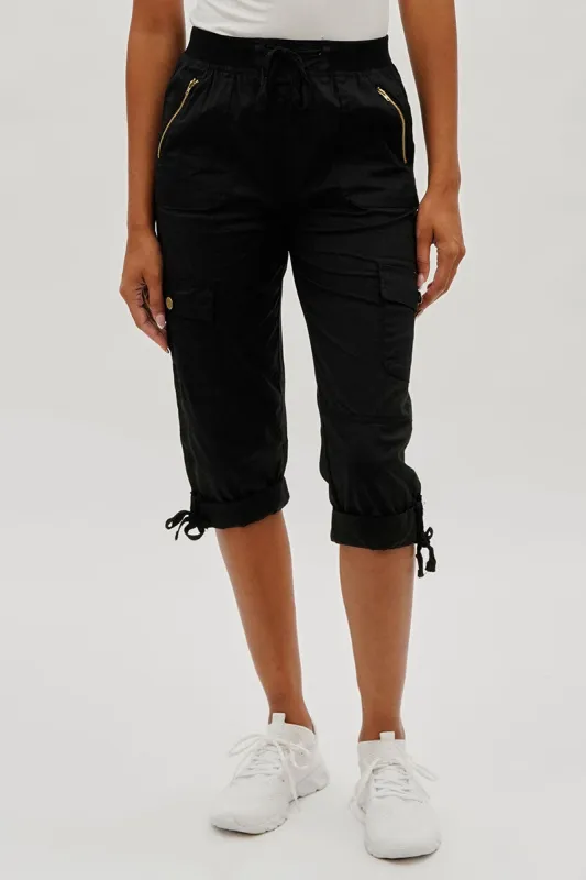 International INC Company Drawstring Cargo Capris - Black sold by Fairweather