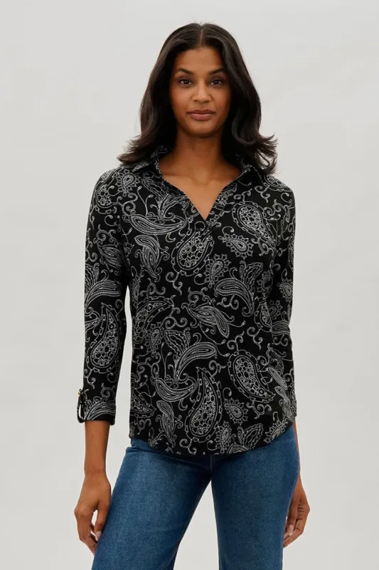 International INC Company Paisley Print Split Neck Blouse - Black sold by Fairweather