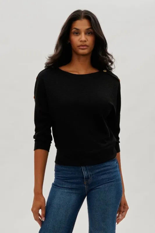 International INC Company Ribbed Shoulder Button Pullover Sweater - Black sold by Fairweather