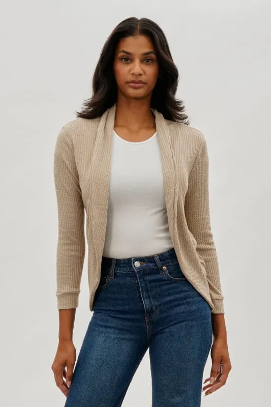 Fahrenheit Waffle Knit 3/4 Sleeve Cardigan - Beige sold by Fairweather