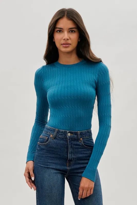 International INC Company Ribbed Crewneck Long Sleeve Top - Blue sold by Fairweather