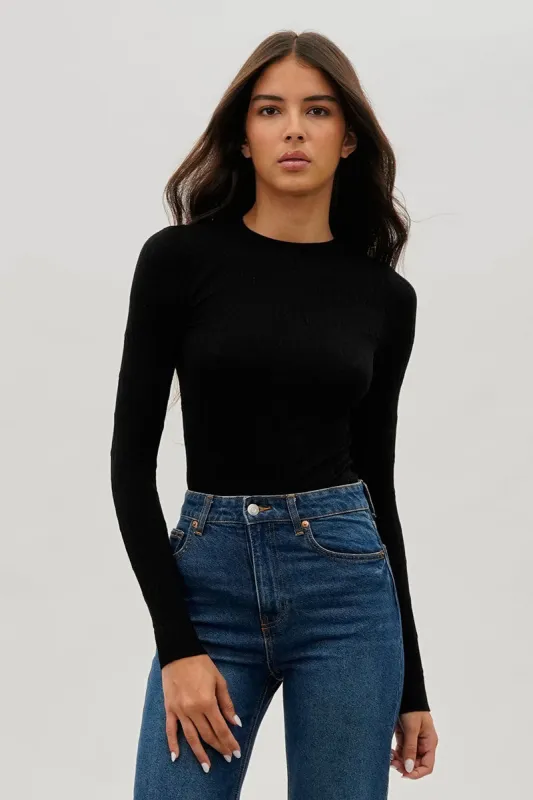 International INC Company Ribbed Crewneck Long Sleeve Top - Black sold by Fairweather