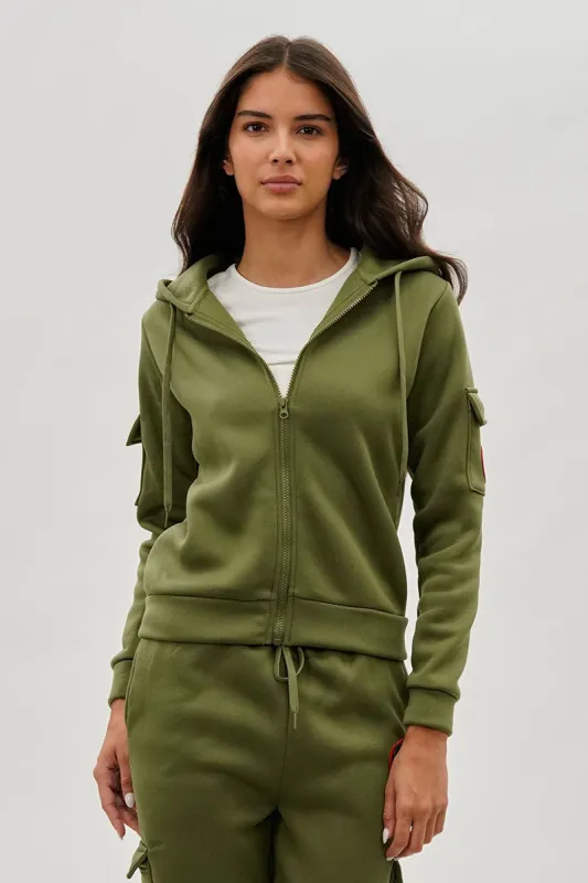 Fahrenheit Utility Pocket Zip Up Hoodie - Olive sold by Fairweather