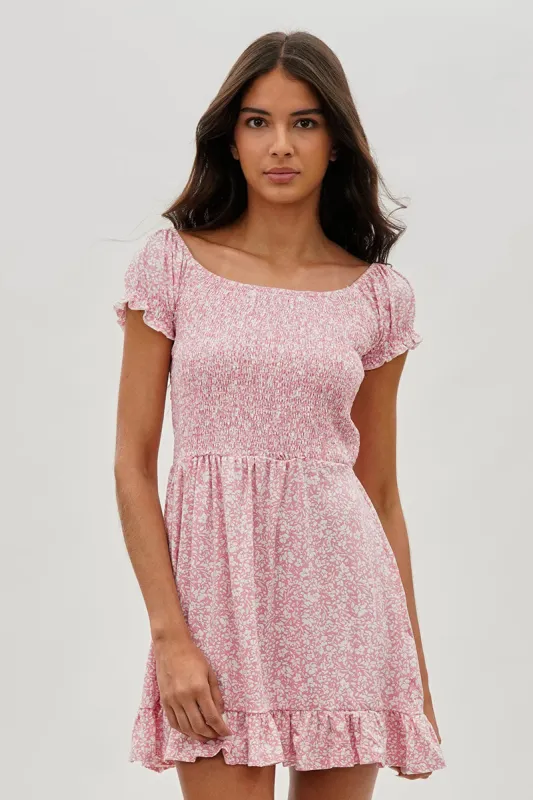 Costa Blanca Floral Smocked Short Sleeve Day Dress - Pink sold by Fairweather