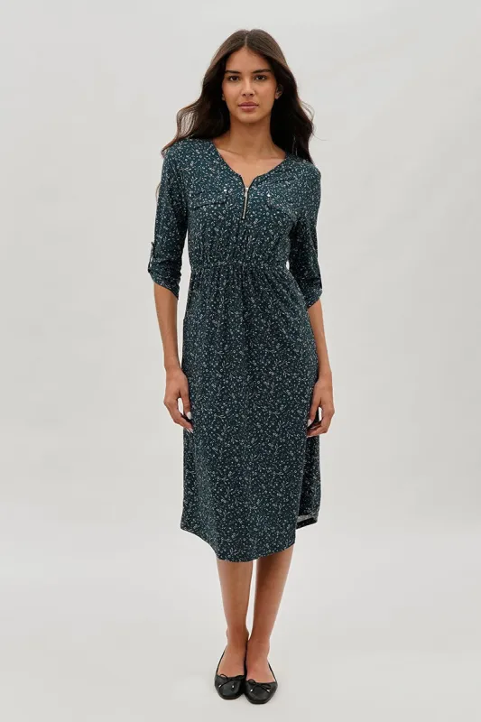International INC Company Floral Front Zip Midi Dress - Teal sold by Fairweather