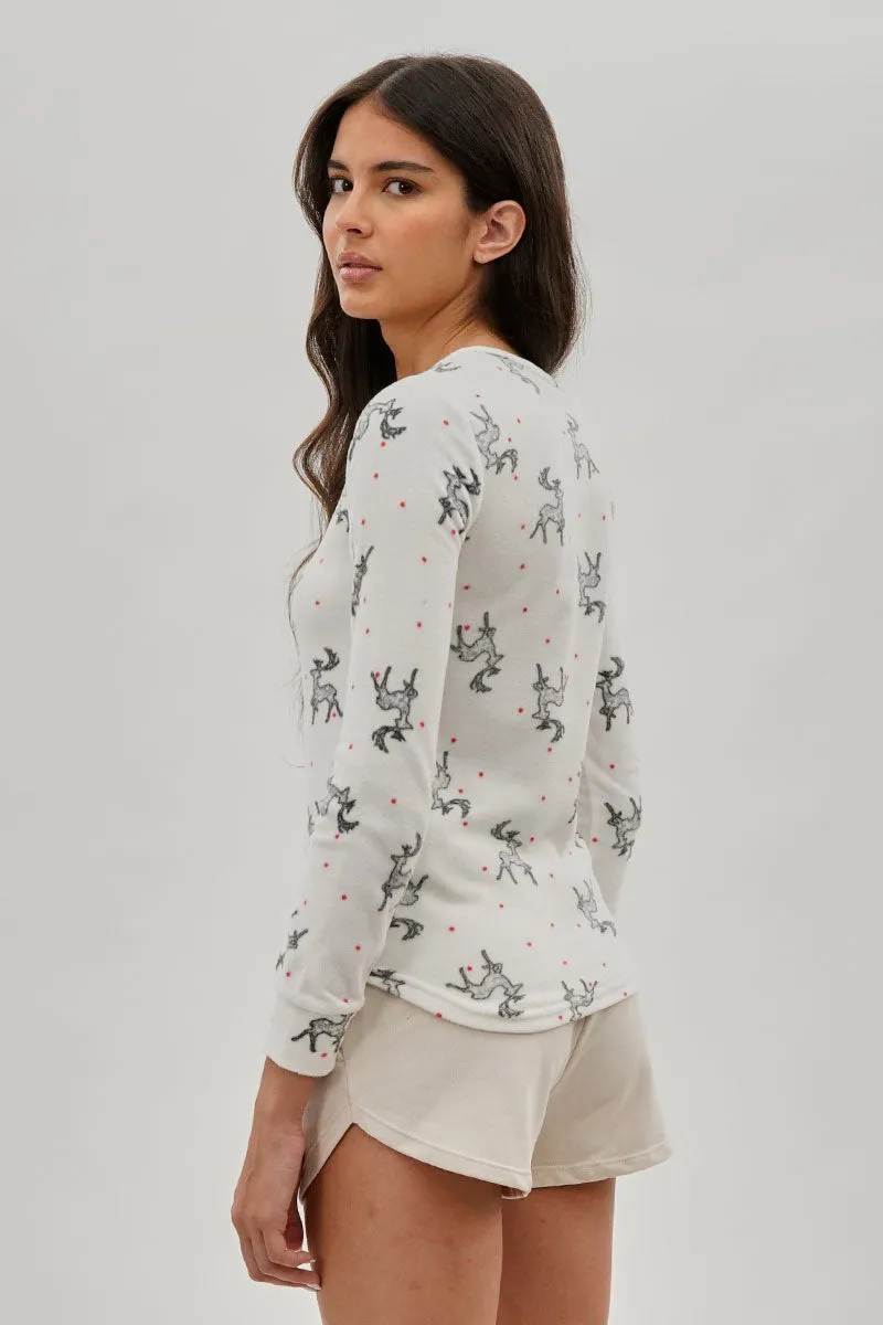 Canada Weather Gear Reindeer Print Henley Pajama Top - White sold by Fairweather product image thumbnail 3