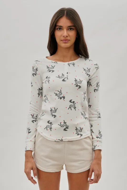 Canada Weather Gear Reindeer Print Henley Pajama Top - White sold by Fairweather