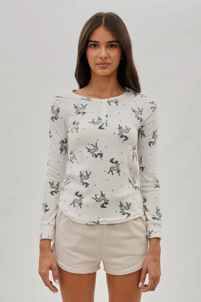 Canada Weather Gear Reindeer Print Henley Pajama Top - White sold by Fairweather
