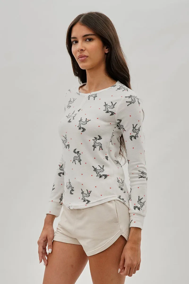 Canada Weather Gear Reindeer Print Henley Pajama Top - White sold by Fairweather product image thumbnail 2