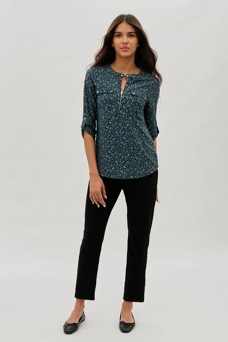 International INC Company Floral Half Zip Blouse - Teal sold by Fairweather product image thumbnail 5