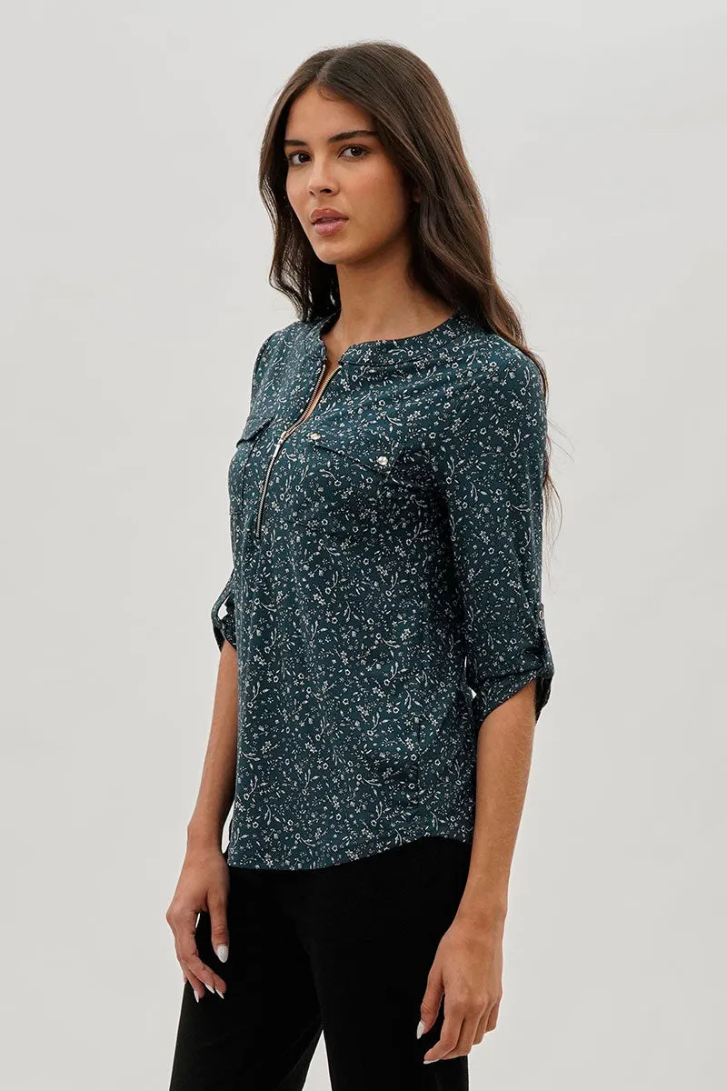 International INC Company Floral Half Zip Blouse - Teal sold by Fairweather product image thumbnail 2