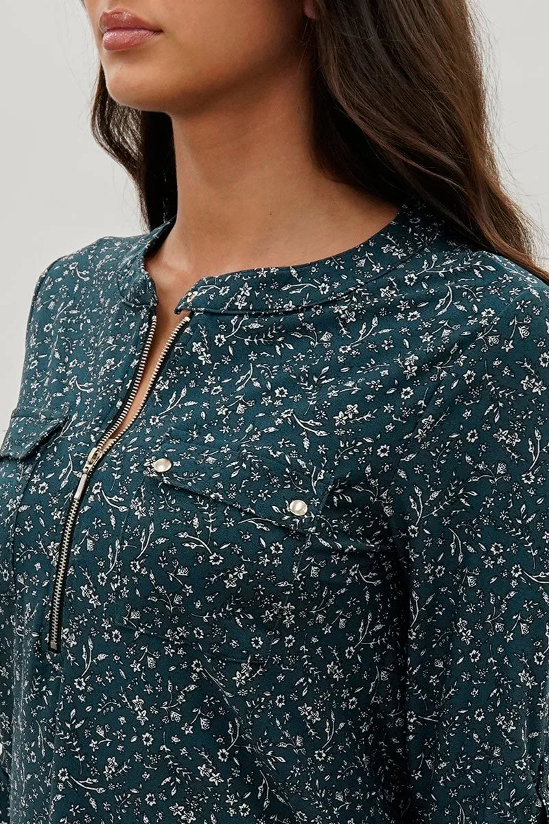 International INC Company Floral Half Zip Blouse - Teal sold by Fairweather product image thumbnail 4