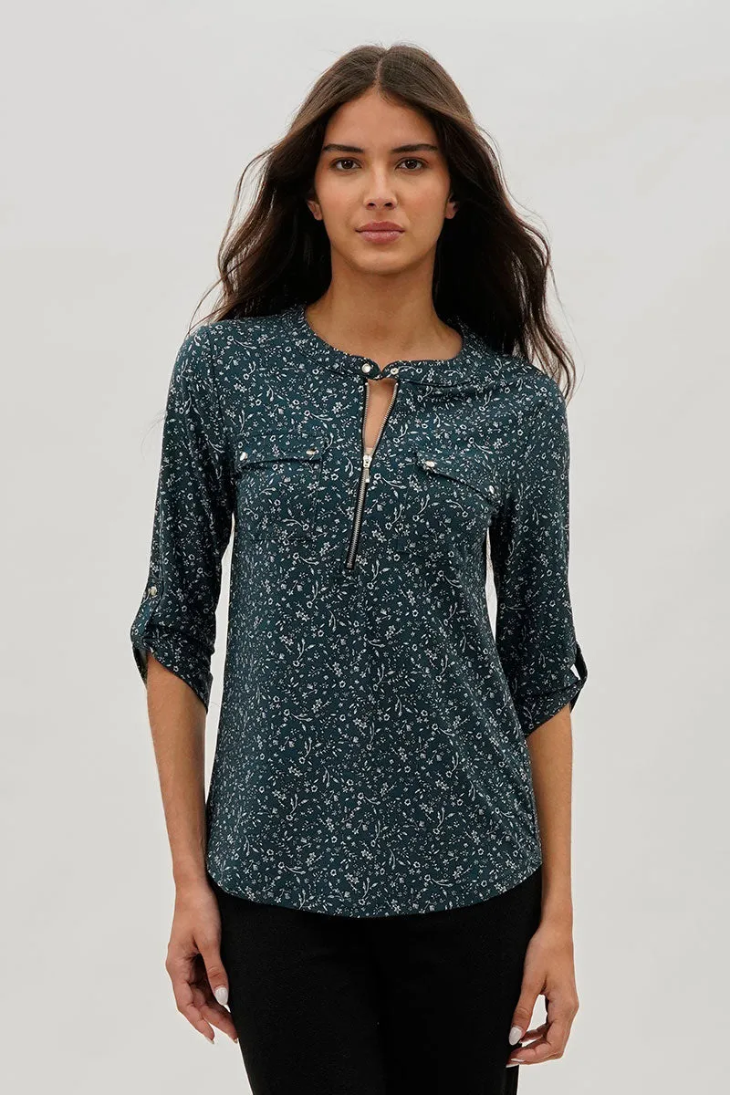 International INC Company Floral Half Zip Blouse - Teal sold by Fairweather