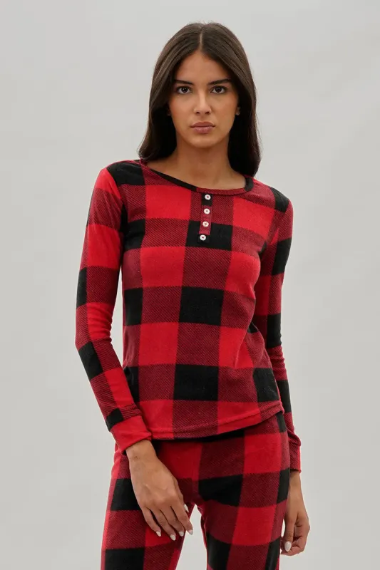 Canada Weather Gear Plaid Henley Pajama Top - Red sold by Fairweather