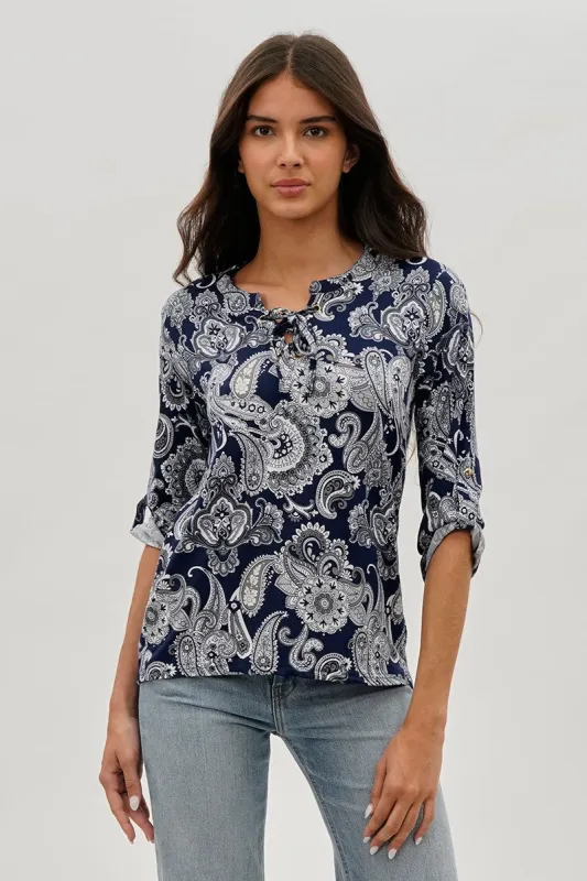 International INC Company Paisley Print Lace Up Blouse - Navy sold by Fairweather