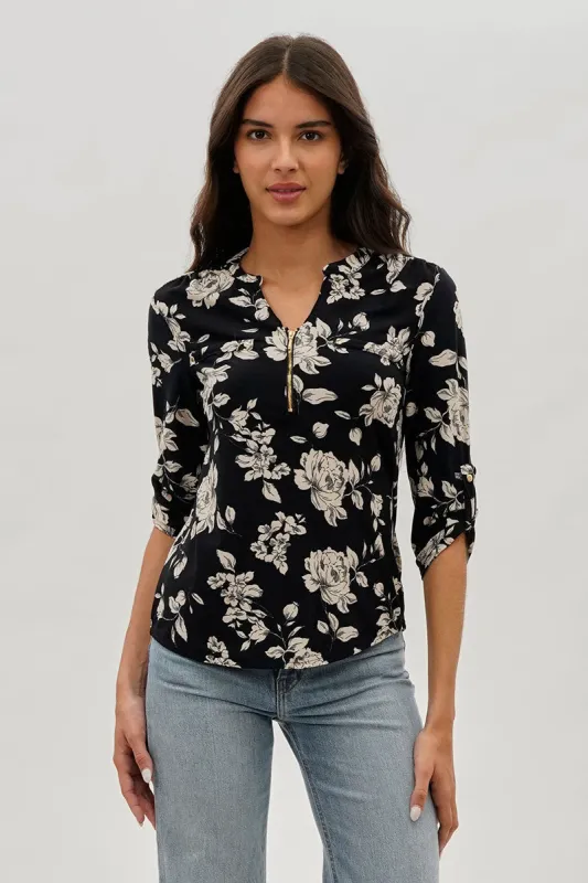 International INC Company Floral 1/4 Zip Blouse - Black sold by Fairweather