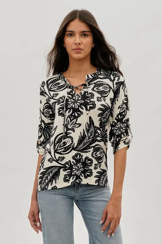 International INC Company Floral Lace Up Blouse - Black sold by Fairweather