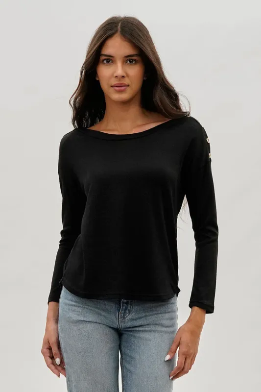 International INC Company Boat Neck Button Detail Pullover Sweater - Black sold by Fairweather