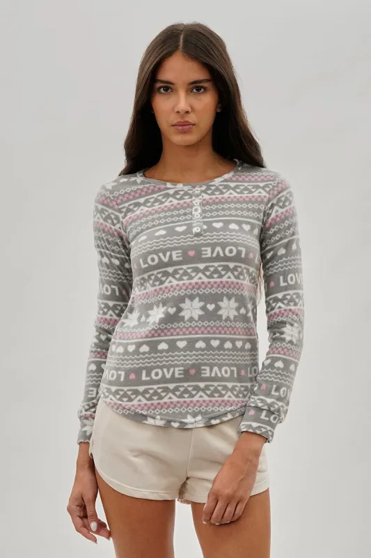 Canada Weather Gear Festive Print Henley Pajama Top - Grey sold by Fairweather