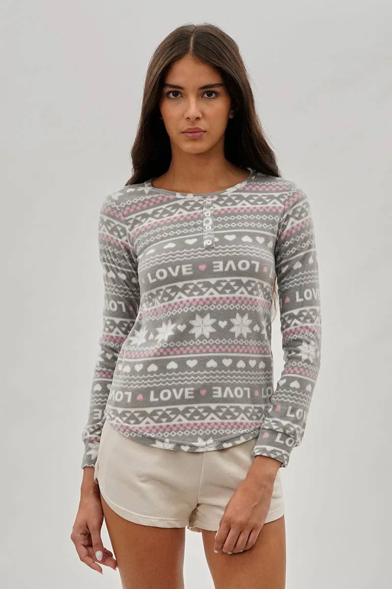 Canada Weather Gear Festive Print Henley Pajama Top - Grey sold by Fairweather
