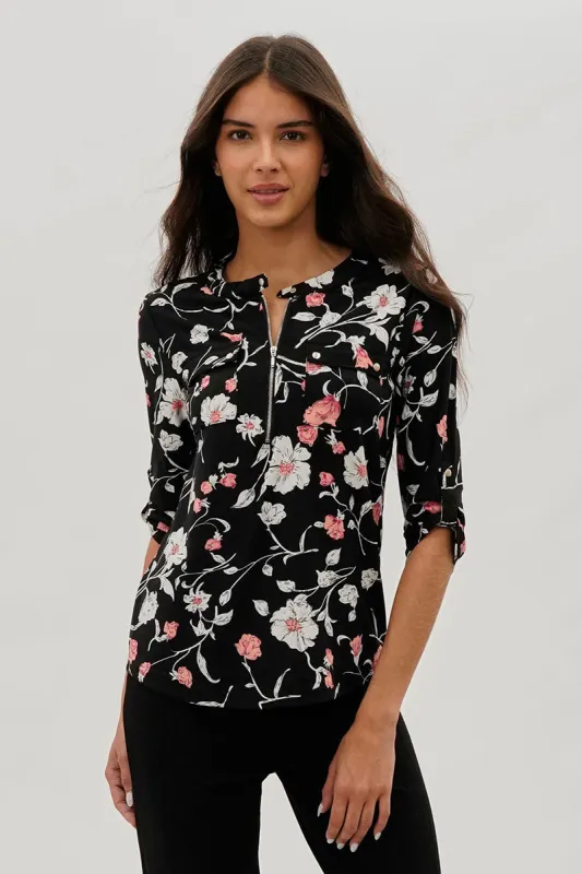 International INC Company Floral Half Zip Blouse - Black sold by Fairweather