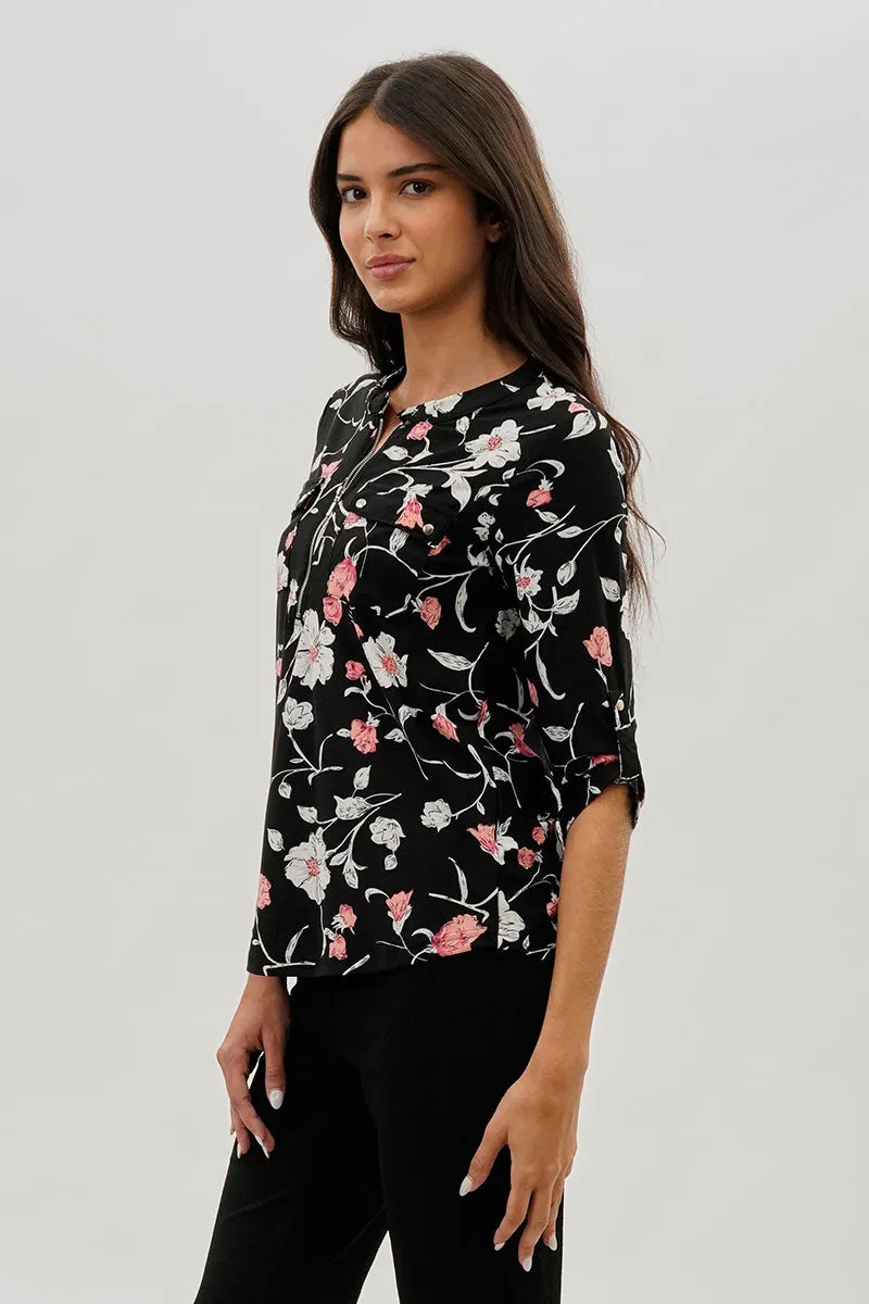 International INC Company Floral Half Zip Blouse - Black sold by Fairweather product image thumbnail 2