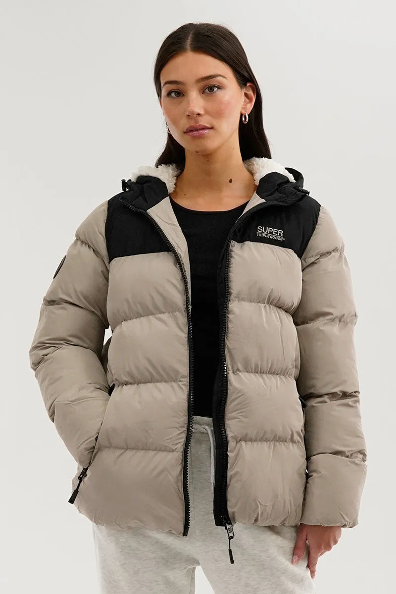 Super Triple Goose Colour Block Bomber Jacket - Beige sold by Fairweather