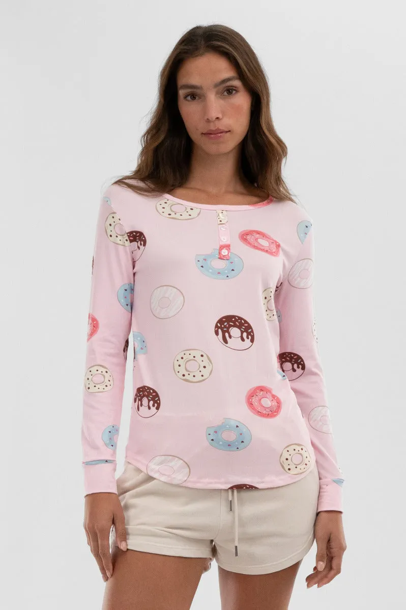 Canada Weather Gear Doughnut Print Henley Pajama Top - Pink sold by Fairweather