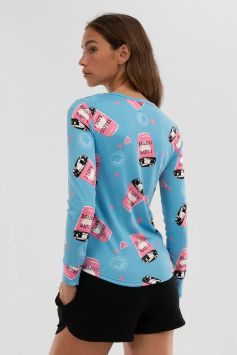 Canada Weather Gear Coffee Print Henley Pajama Top - Blue sold by Fairweather product image thumbnail 3