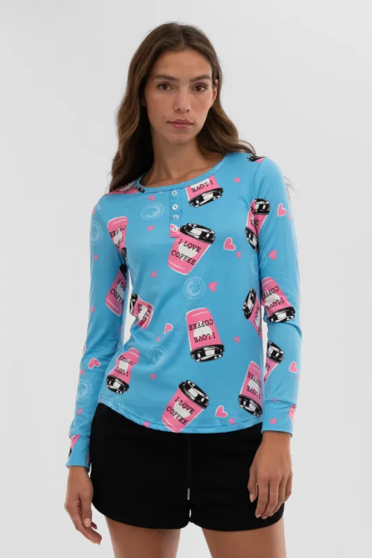 Canada Weather Gear Coffee Print Henley Pajama Top - Blue sold by Fairweather