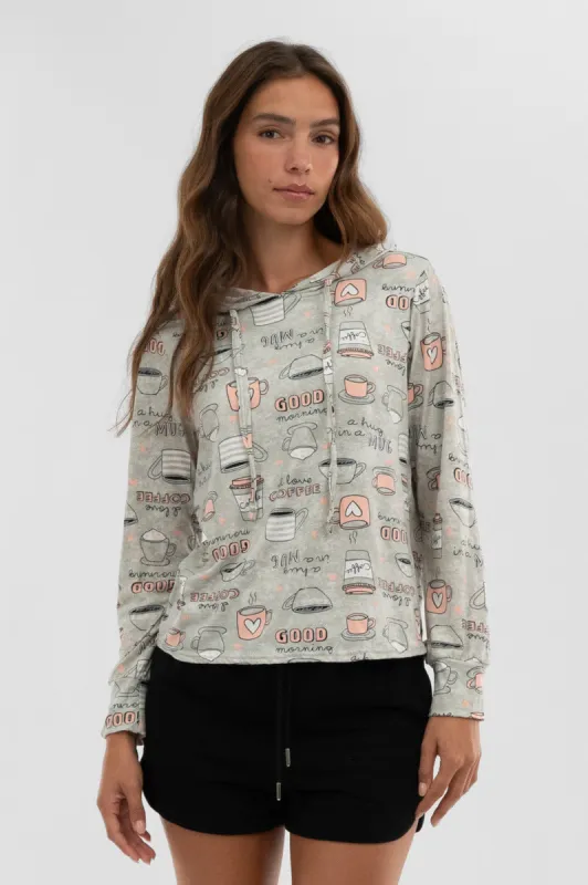 Canada Weather Gear Coffee Print Hooded Pajama Top - Grey sold by Fairweather