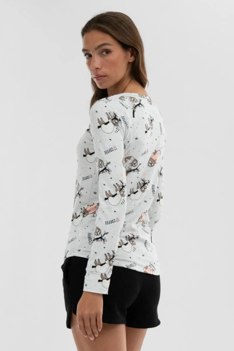 Canada Weather Gear Sloth Print Henley Pajama Top - Grey sold by Fairweather product image thumbnail 3