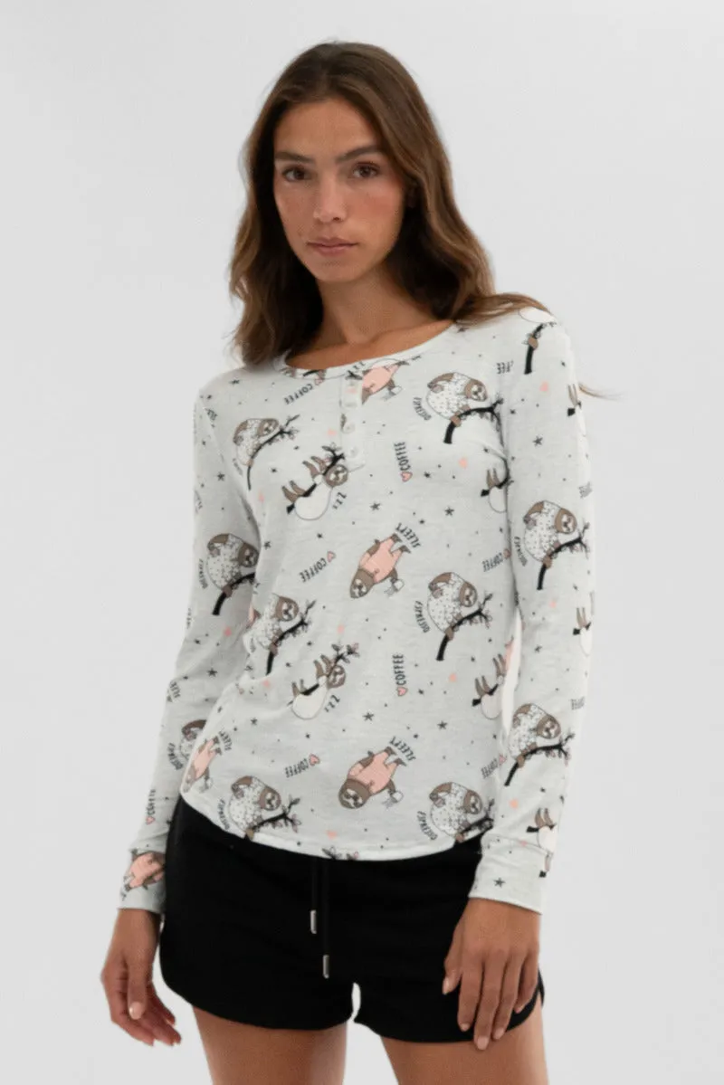 Canada Weather Gear Sloth Print Henley Pajama Top - Grey sold by Fairweather