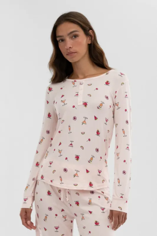 Canada Weather Gear Drink Print Henley Pajama Top - Blush sold by Fairweather