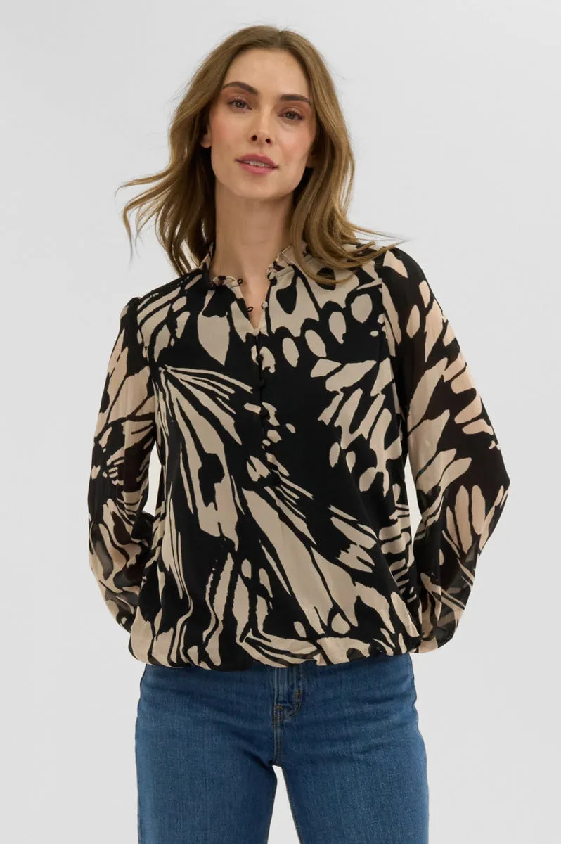 Costa Blanca Patterned Sheer Sleeve Blouse - Black sold by Fairweather