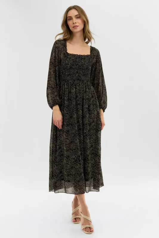 Costa Blanca Floral Long Sleeve Smocked Maxi Dress - Black sold by Fairweather