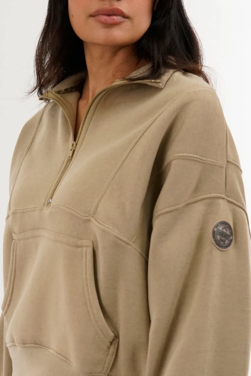 Fahrenheit Half Zip Cropped Sweatshirt - Beige sold by Fairweather product image thumbnail 4