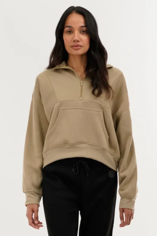 Fahrenheit Half Zip Cropped Sweatshirt - Beige sold by Fairweather